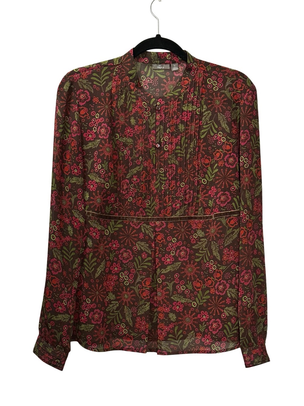 Apt 9 Floral Sheer Blouse Velvet Trim Pintuck Long Sleeve Brown Pink L